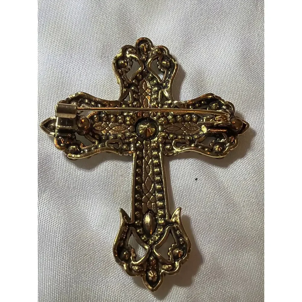 Vintage Gold Tone Cross Brooch Amber Clear Rhinestone Filigree Religious Pin